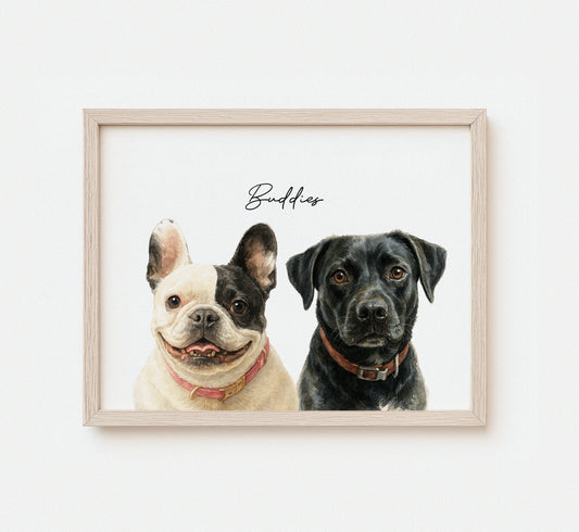 Custom watercolor portrait of multiple pets on white background