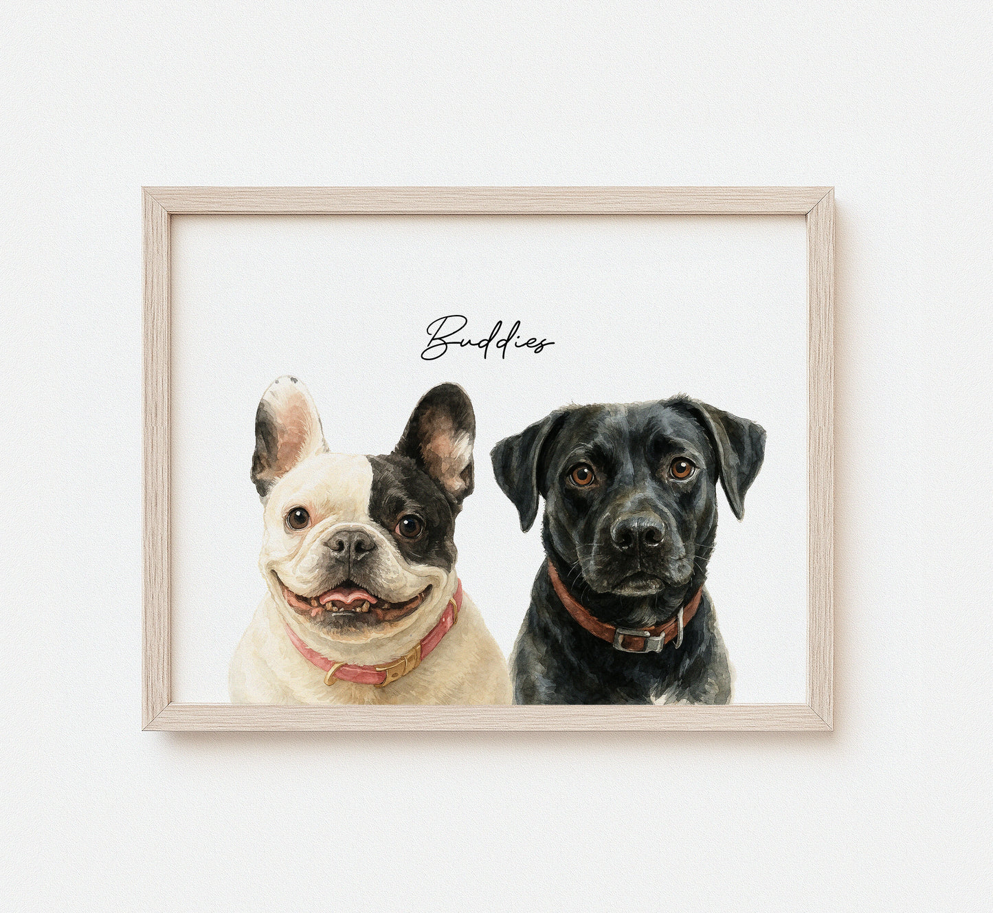 Custom watercolor portrait of multiple pets on white background