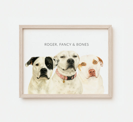 Custom watercolor portrait of multiple pets on white background