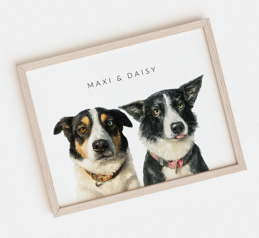 Framed watercolor artwork of two dogs named Maxi and Daisy on a white background