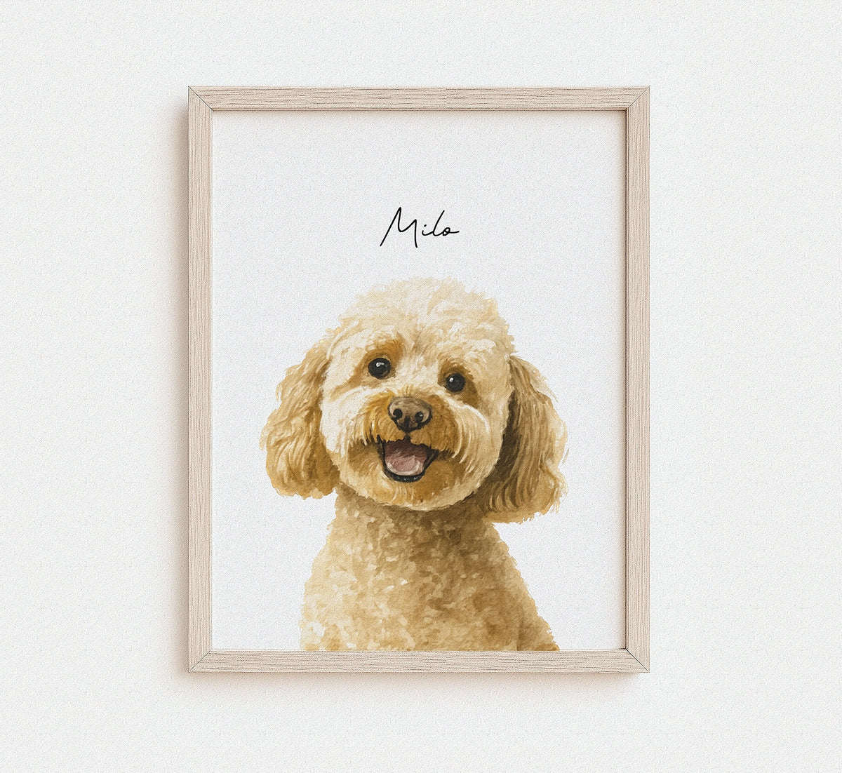 Custom watercolor portrait of a smiling golden cockapoo named Milo in a natural wood frame — personalized dog portrait print from photo
