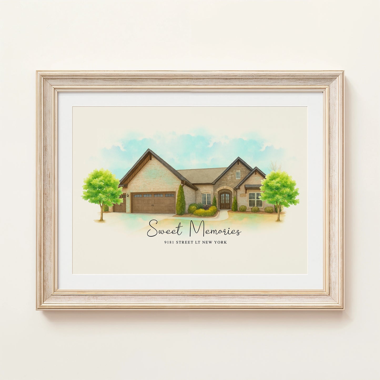 Custom watercolor home portrait of a modern house exterior, digital download, printable wall art