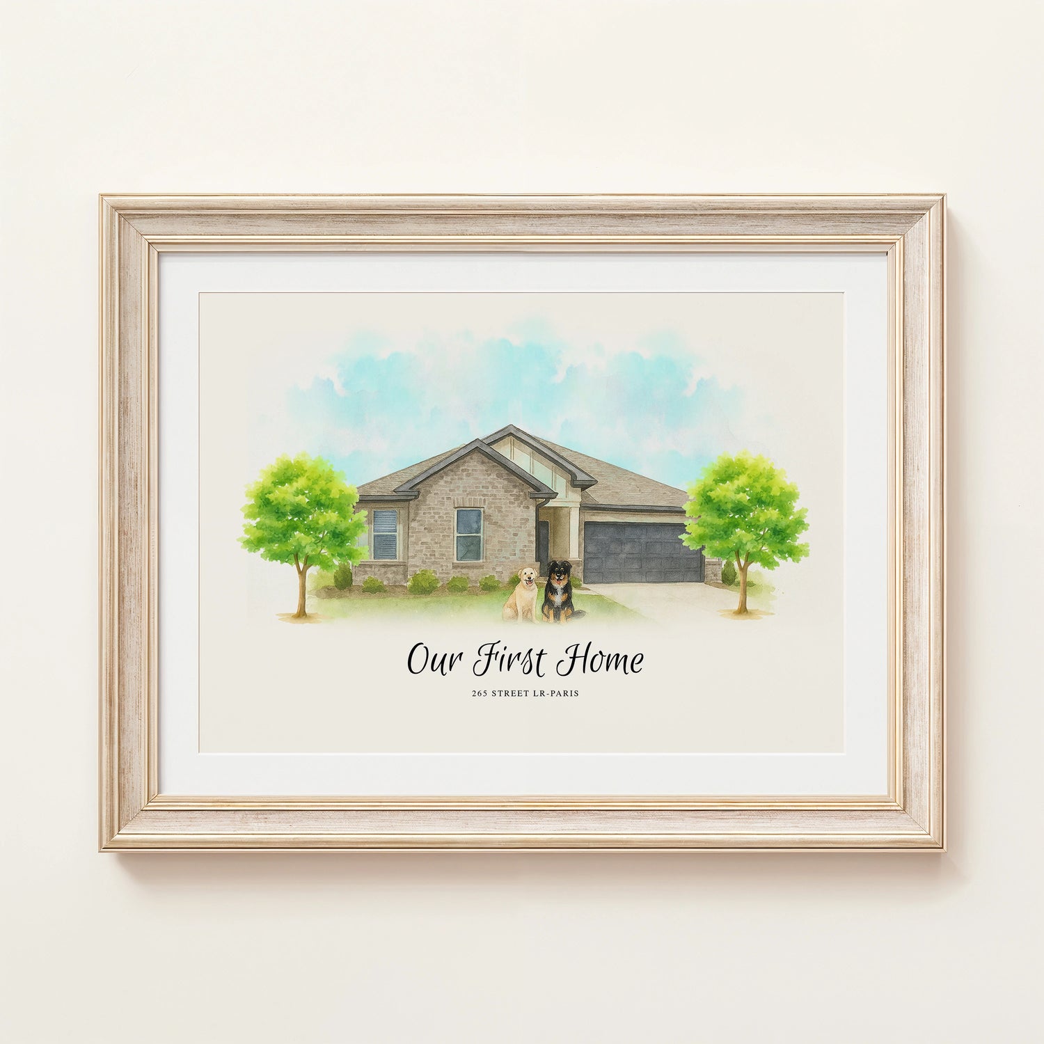Custom watercolor home portrait of a modern house exterior, digital download, printable wall art