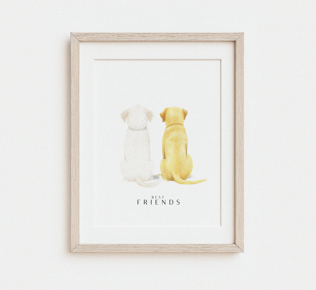 Elegant watercolor illustration of a dog from behind, rendered in soft neutral tones with clean white background. Peaceful and frame-ready