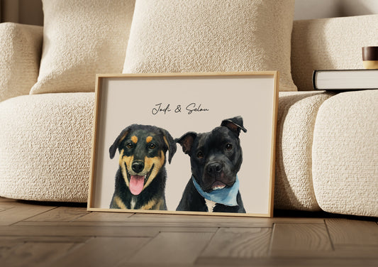 Custom watercolor portrait with two pets