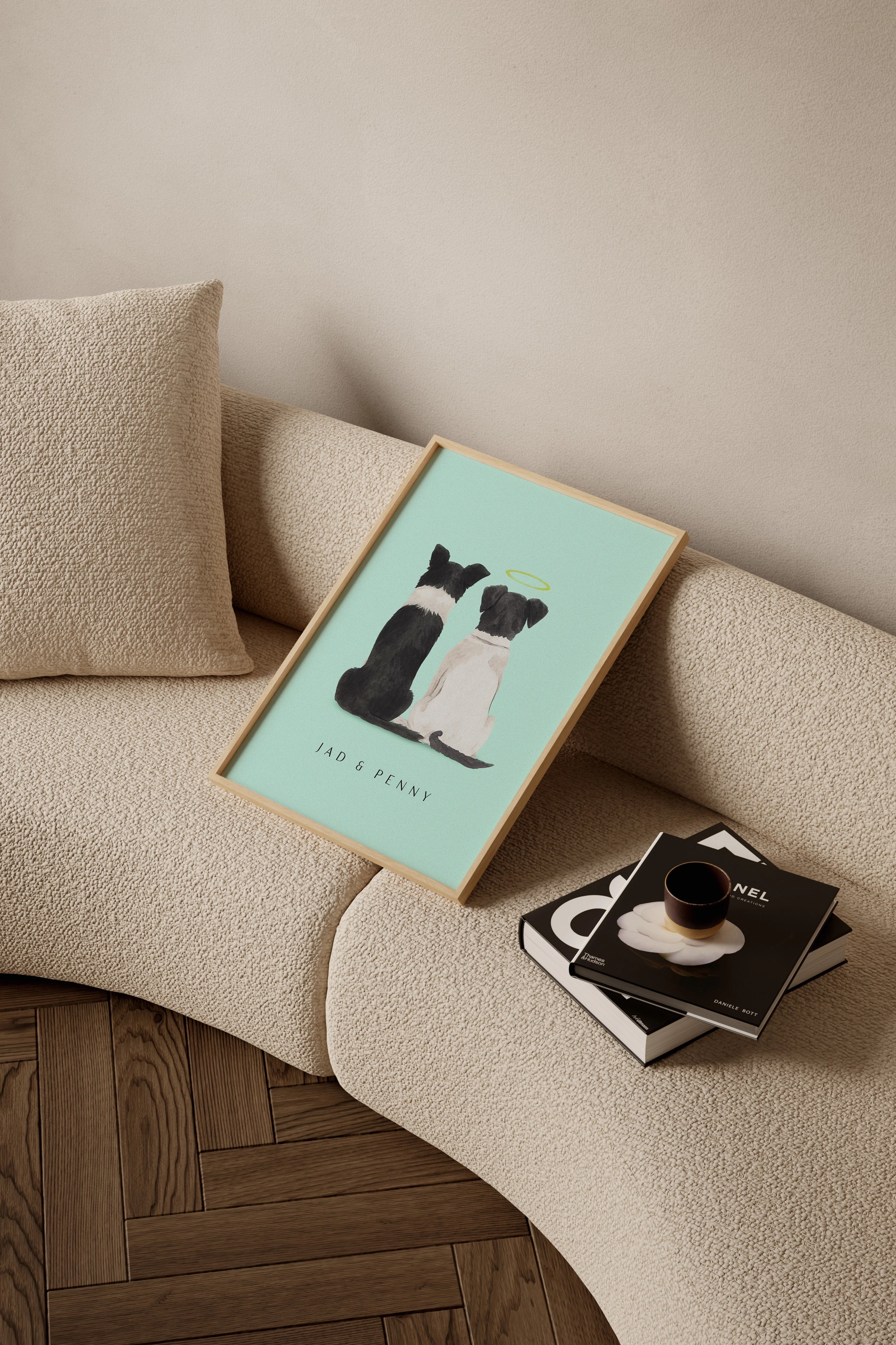 Back-view watercolor portrait of a beloved pet with a golden halo above its head, symbolizing remembrance and love. Gentle brushwork and serene posture.