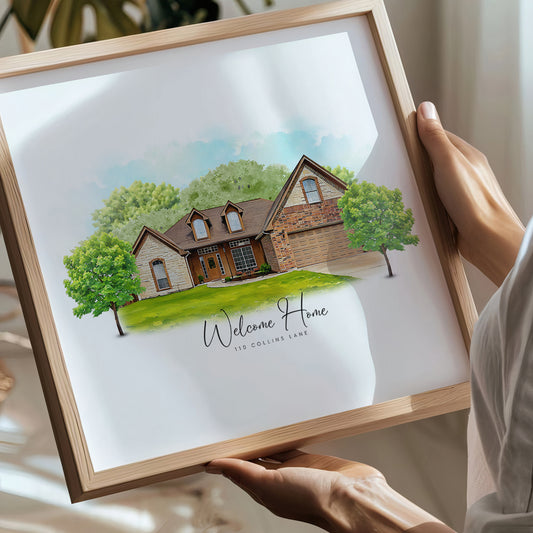 Custom portrait of a first home with personalized address

