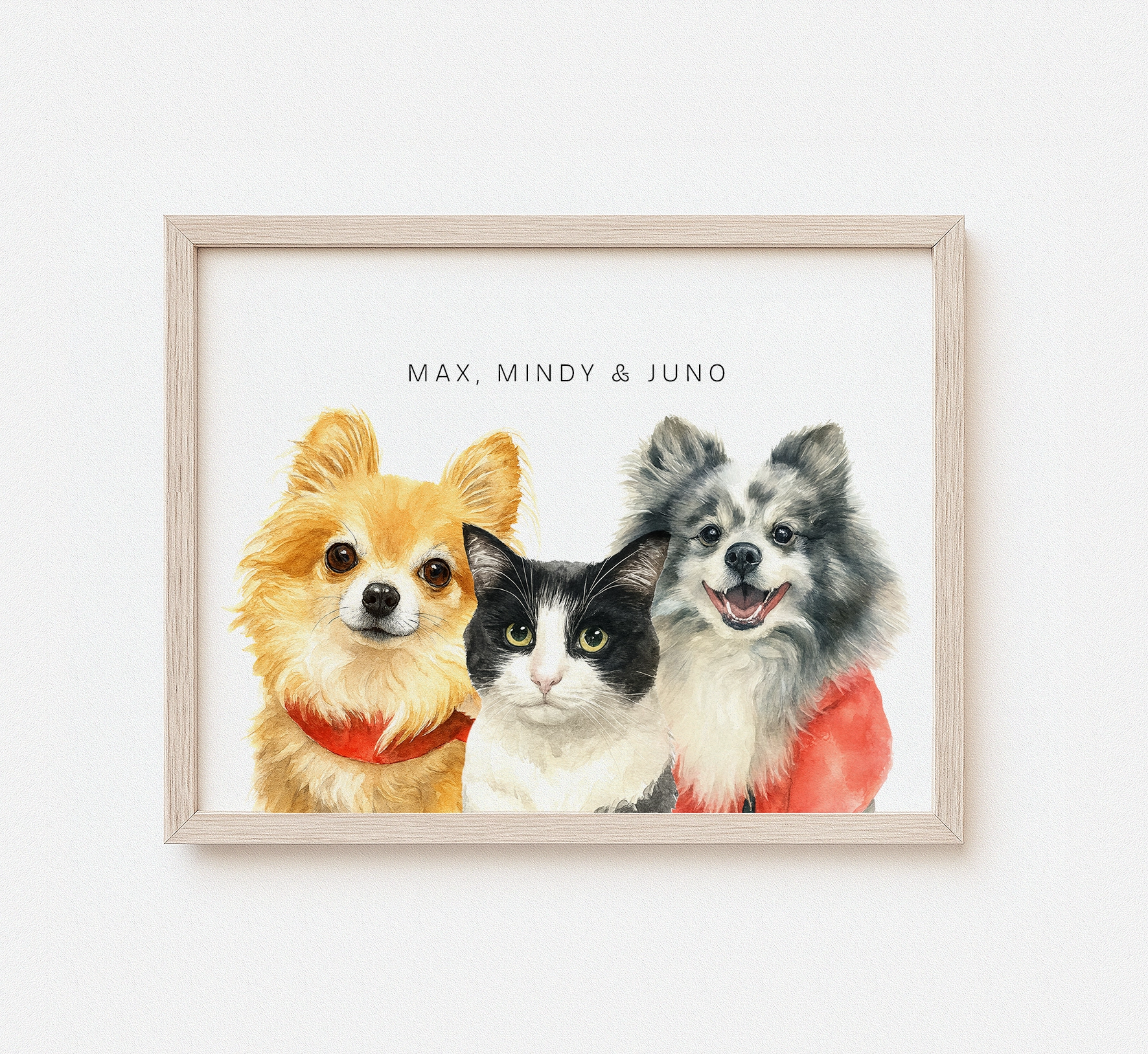 Custom Multi-Pet Portrait — 2 or 3 Pets Together - Digital Download & Framed Print