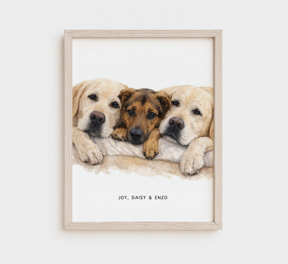 Custom Multi-Pet Watercolor Portrait — Two or Three Pets in One Portrait