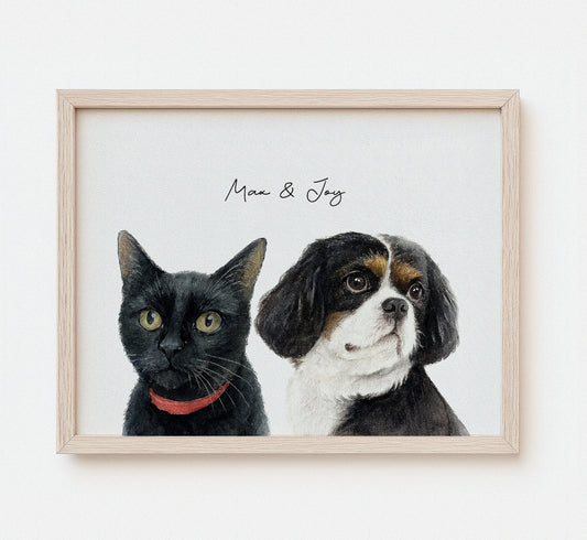 Custom Multi-Pet Watercolor Portrait — Two or Three Pets in One Portrait