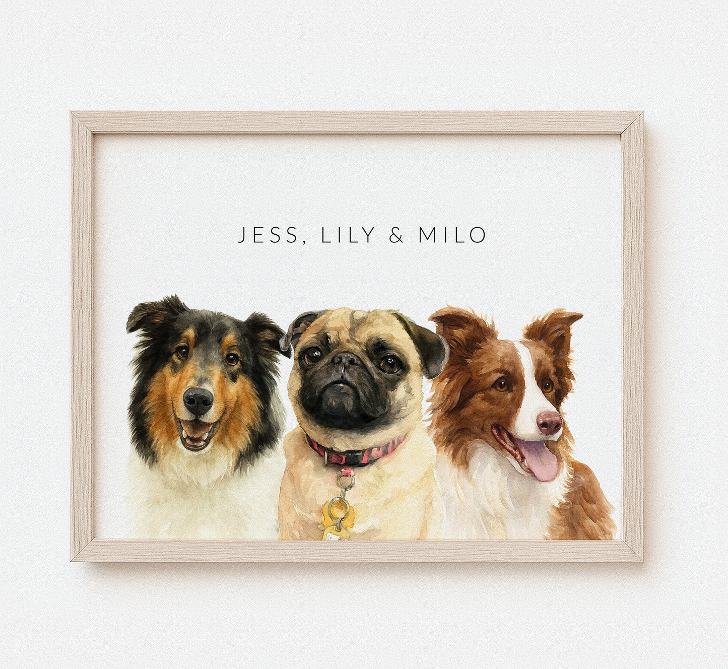Custom Multi-Pet Watercolor Portrait — Two or Three Pets in One Portrait
