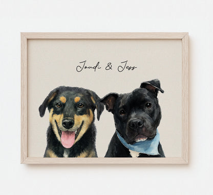 Custom Multi-Pet Watercolor Portrait — Two or Three Pets in One Portrait