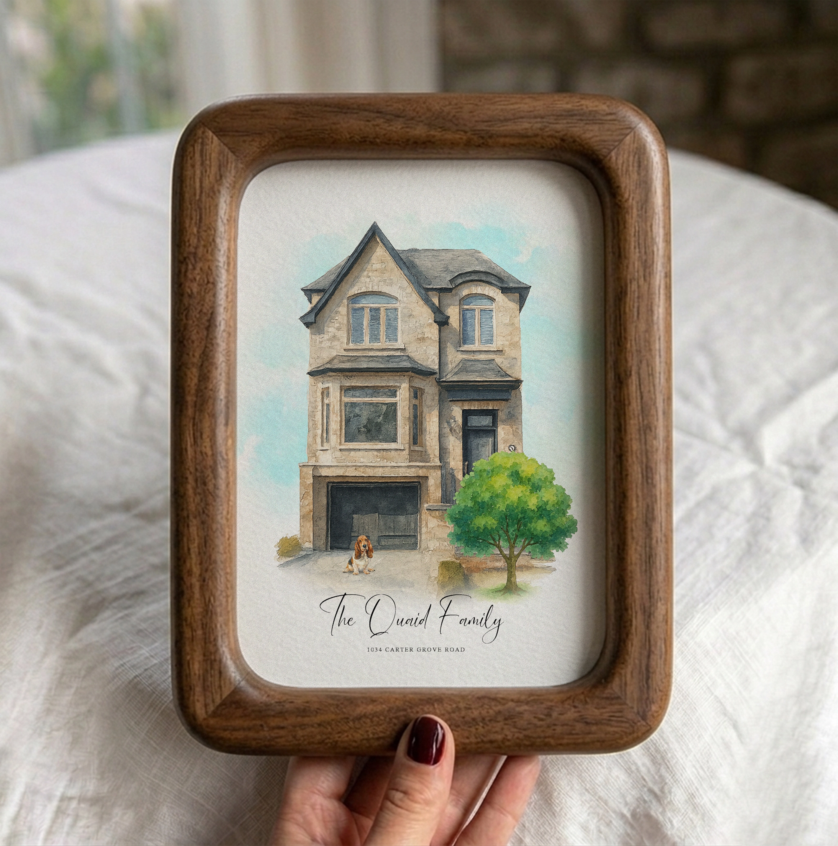 Custom watercolor house portrait painting in wooden frame with family name and address personalization
