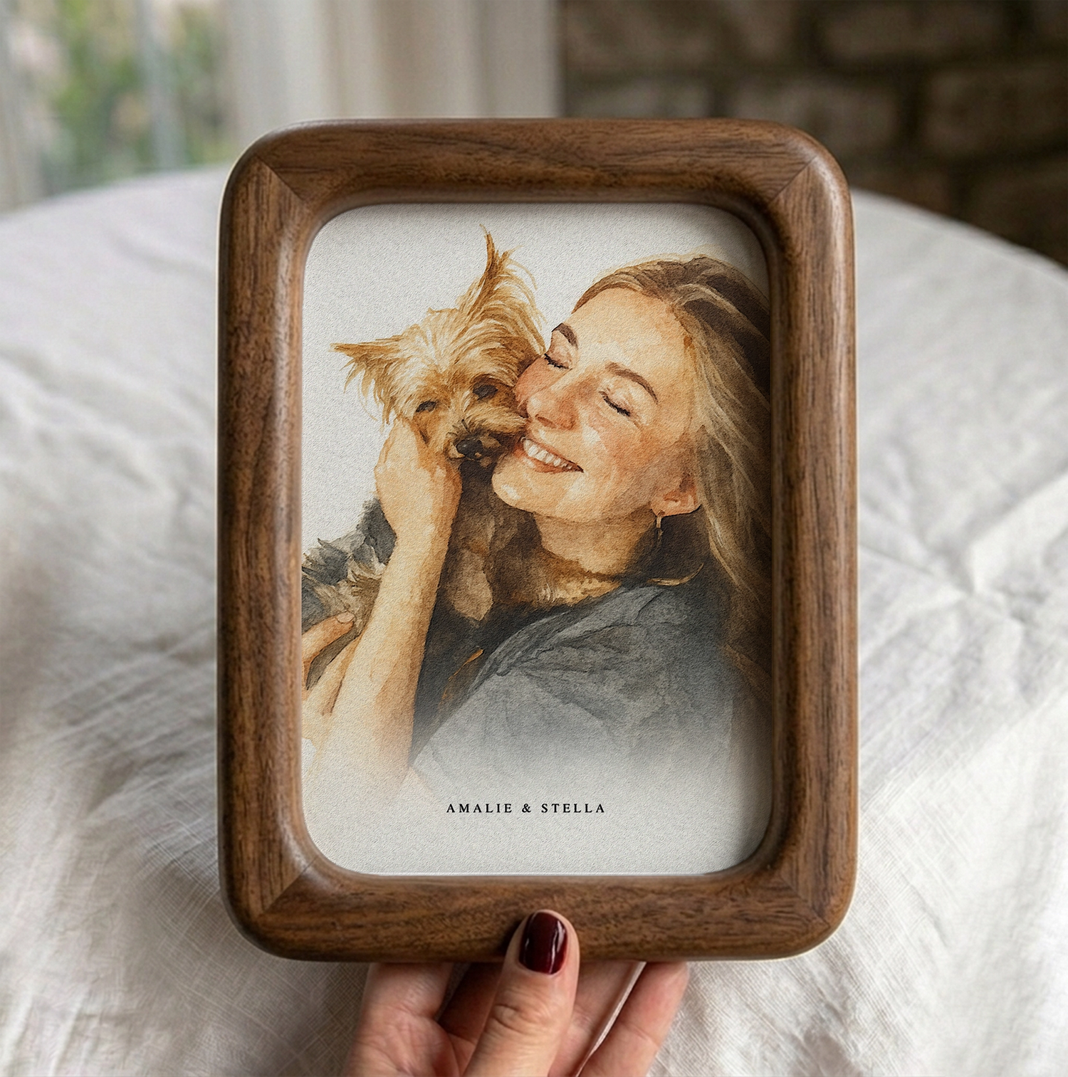 Custom watercolor portrait of woman and Yorkshire Terrier dog in wooden frame — personalized pet owner art