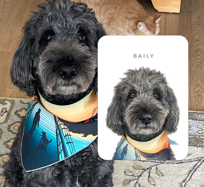 Custom watercolor pet portrait of a black labradoodle named Baily wearing a scenic bandana, shown next to the original photo — personalized dog portrait from photo