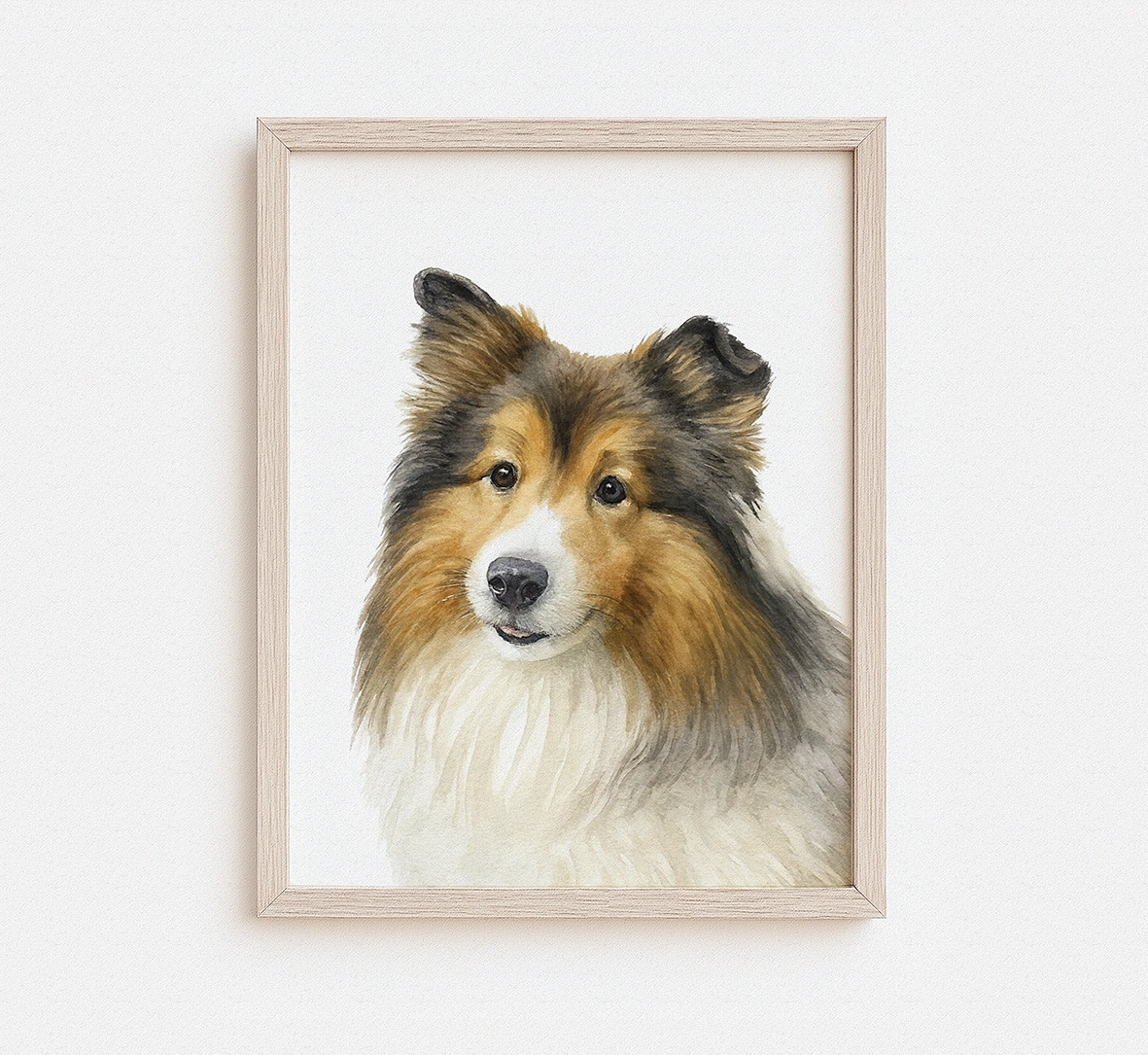 Custom watercolor portrait of a Shetland Sheepdog with a flowing mane in a natural wood frame — personalized Sheltie dog portrait from photo
