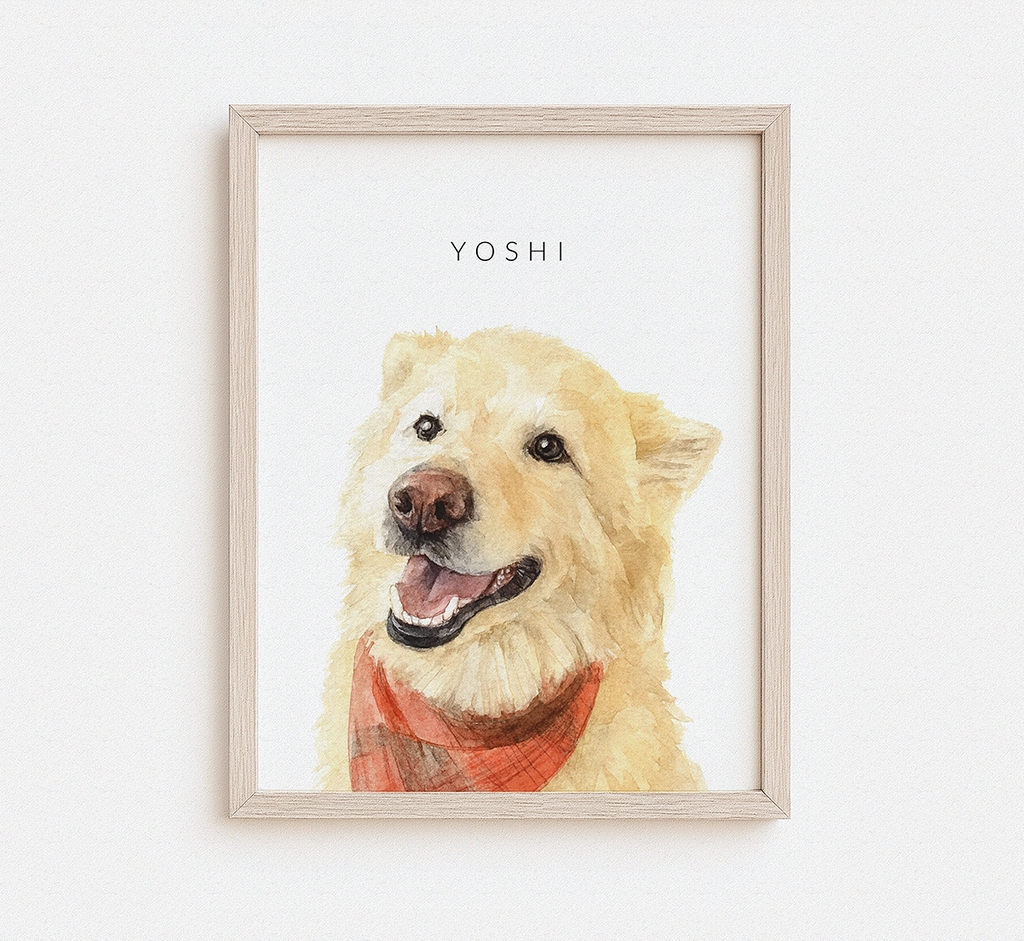 Custom watercolor portrait of a fluffy golden dog named Yoshi wearing a plaid bandana in a natural wood frame — personalized dog portrait gift from photo
