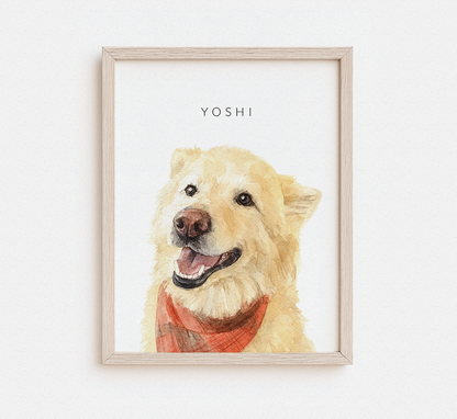Custom watercolor portrait of a fluffy golden dog named Yoshi wearing a plaid bandana in a natural wood frame — personalized dog portrait gift from photo

