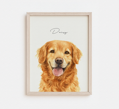 Custom watercolor portrait of a golden retriever named Daisy with tongue out in a natural wood frame — personalized dog portrait gift from photo