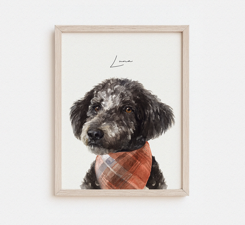 Custom watercolor portrait of a black labradoodle named Luna wearing a plaid bandana in a natural wood frame — personalized dog portrait gift from photo