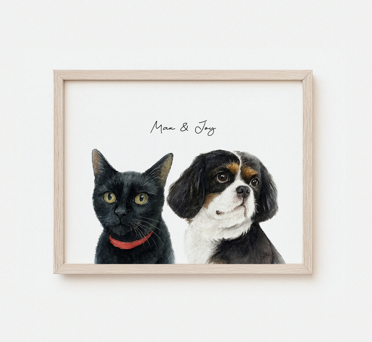 Custom watercolor portrait of multiple pets on white background