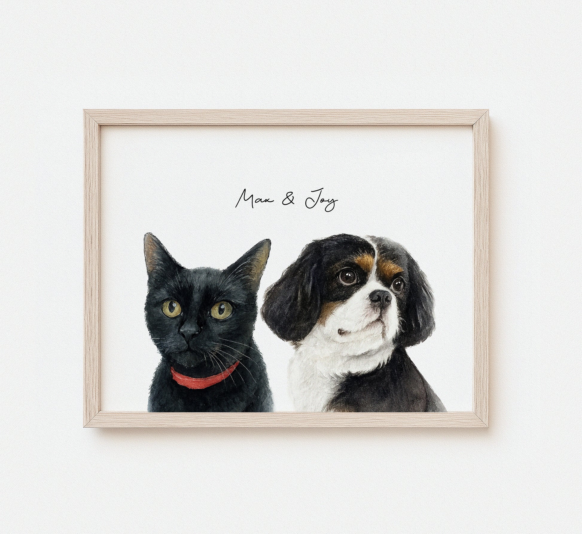 Custom watercolor portrait of multiple pets on white background