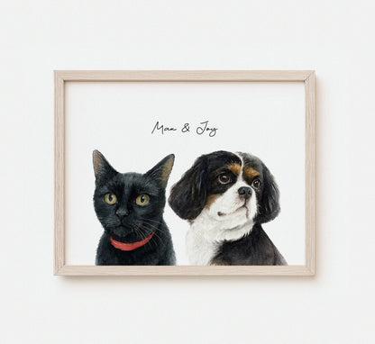 Custom watercolor portrait of multiple pets on white background