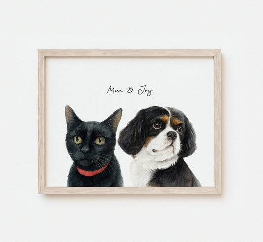 Custom watercolor portrait of multiple pets on white background
