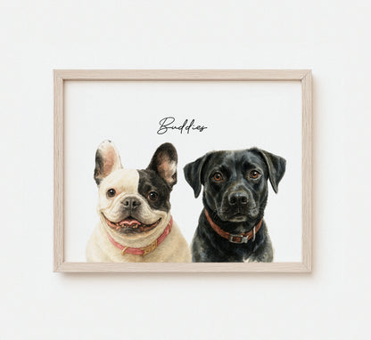 Custom watercolor portrait of multiple pets on white background