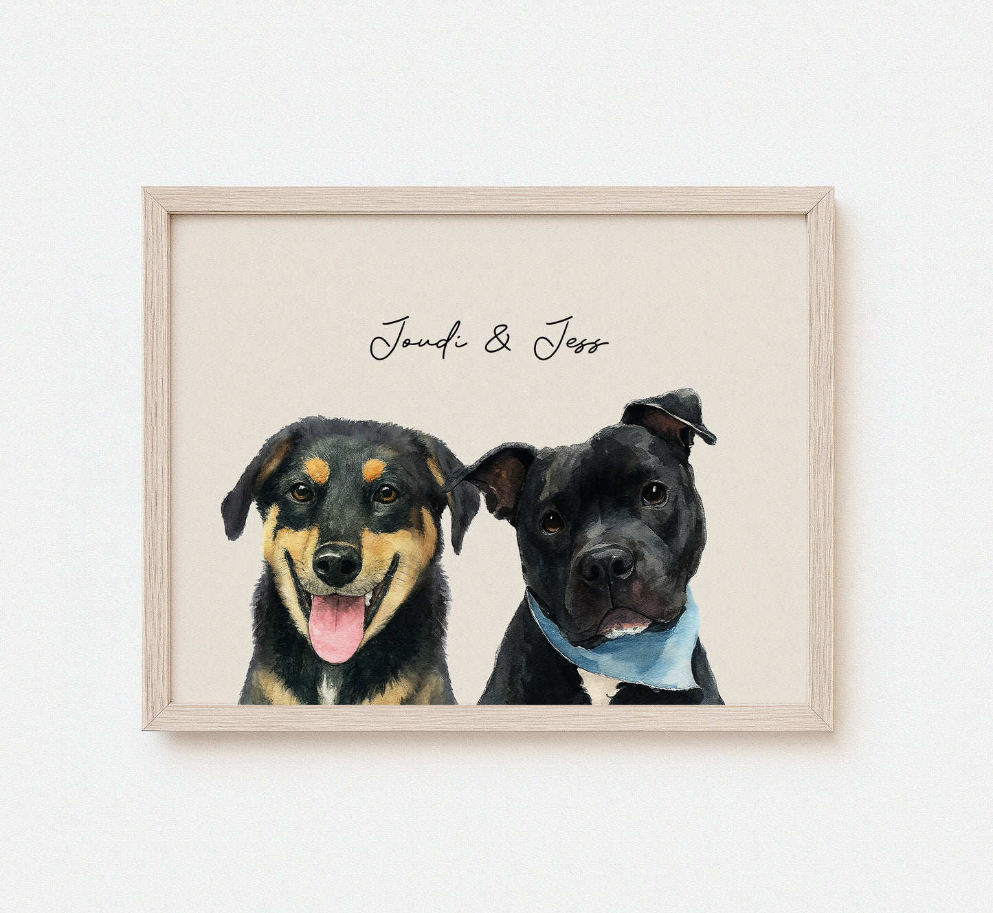 Custom watercolor portrait of multiple pets on white background