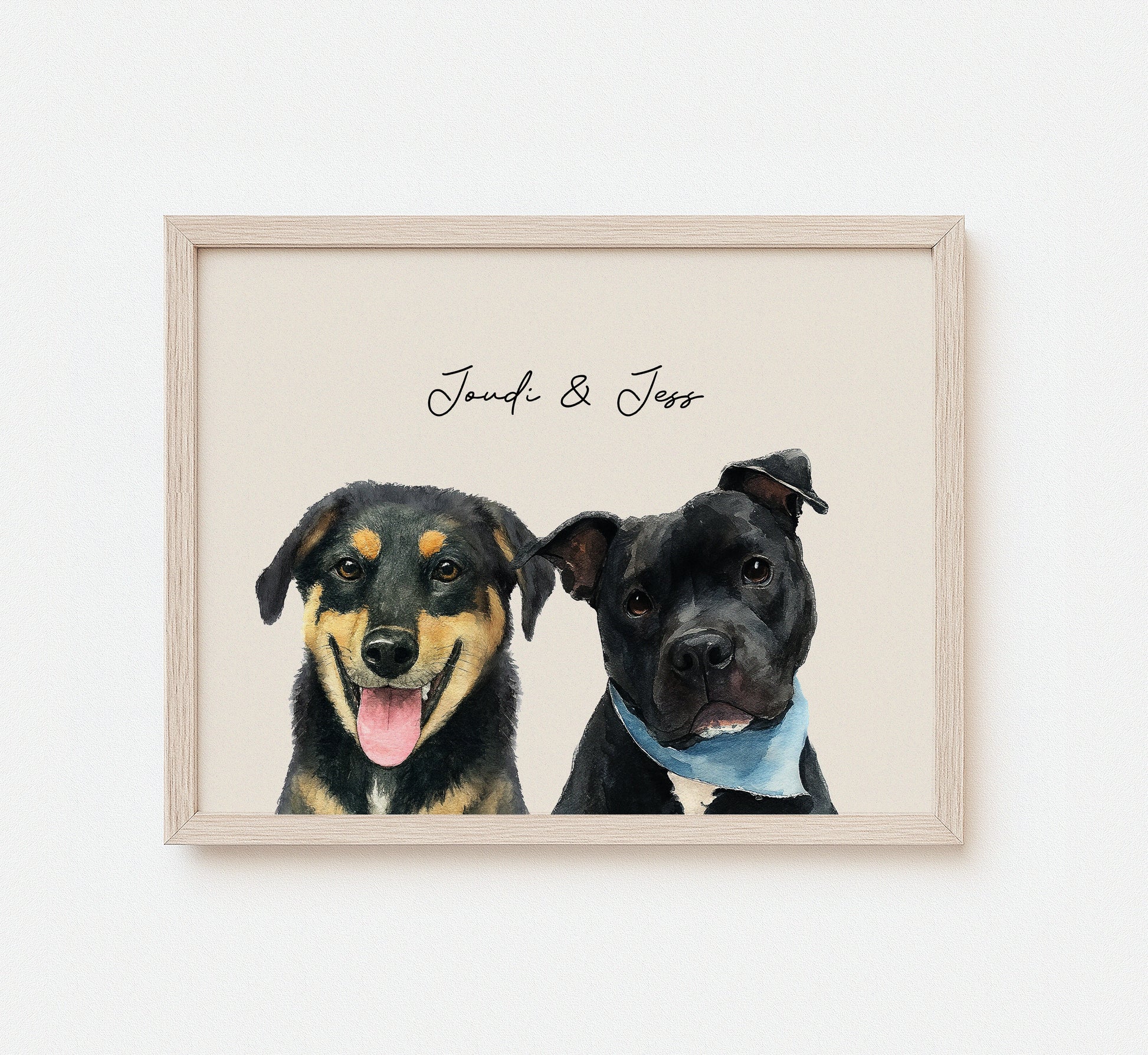 Custom watercolor portrait of multiple pets on white background