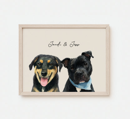 Custom watercolor portrait of multiple pets on white background