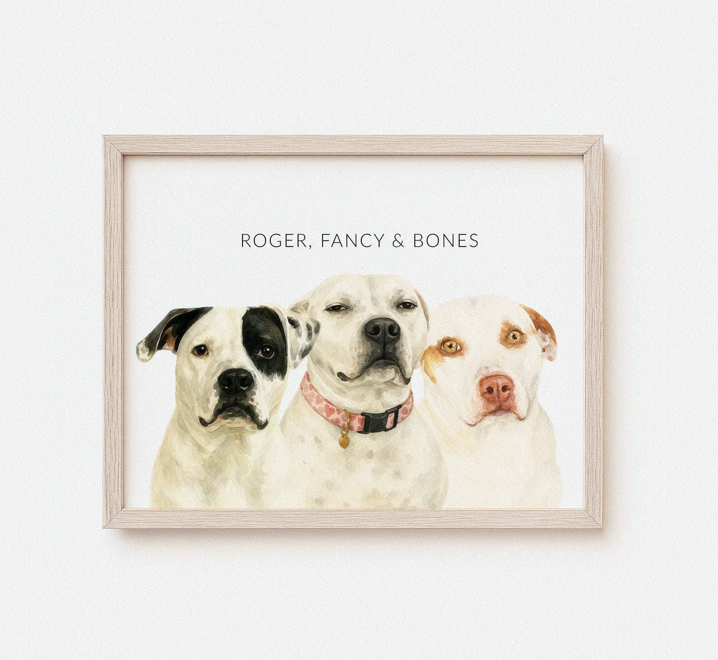 Custom watercolor portrait of multiple pets on white background