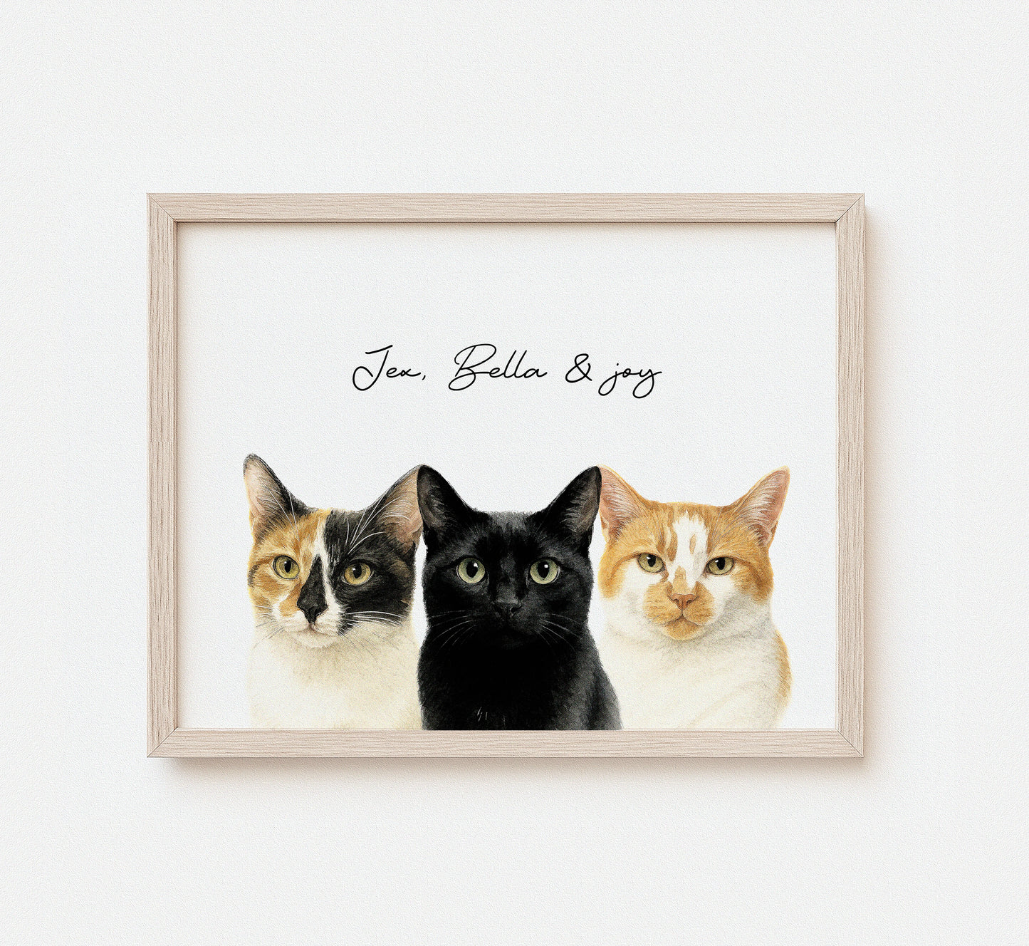 Custom watercolor portrait of multiple pets on white background
