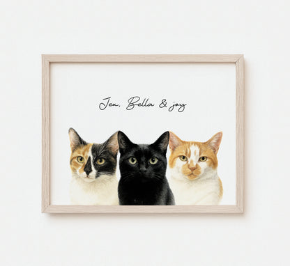 Custom watercolor portrait of multiple pets on white background