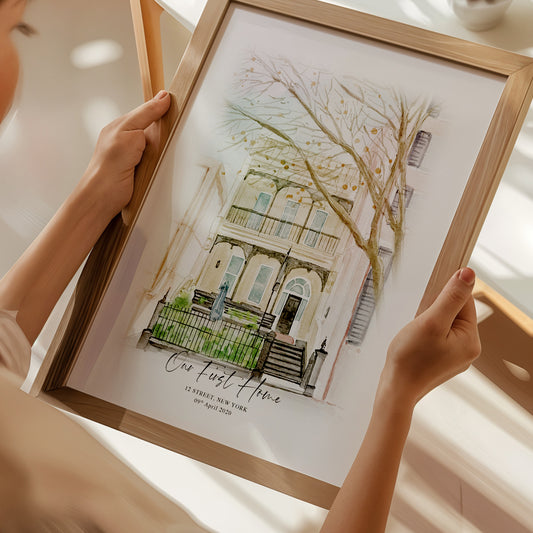 Illustrated house portrait for first-time homeowners


