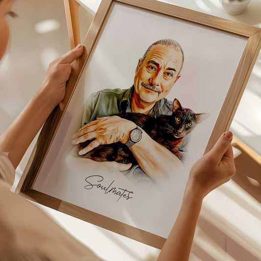 Watercolor-style custom portrait of dog and owner hugging
