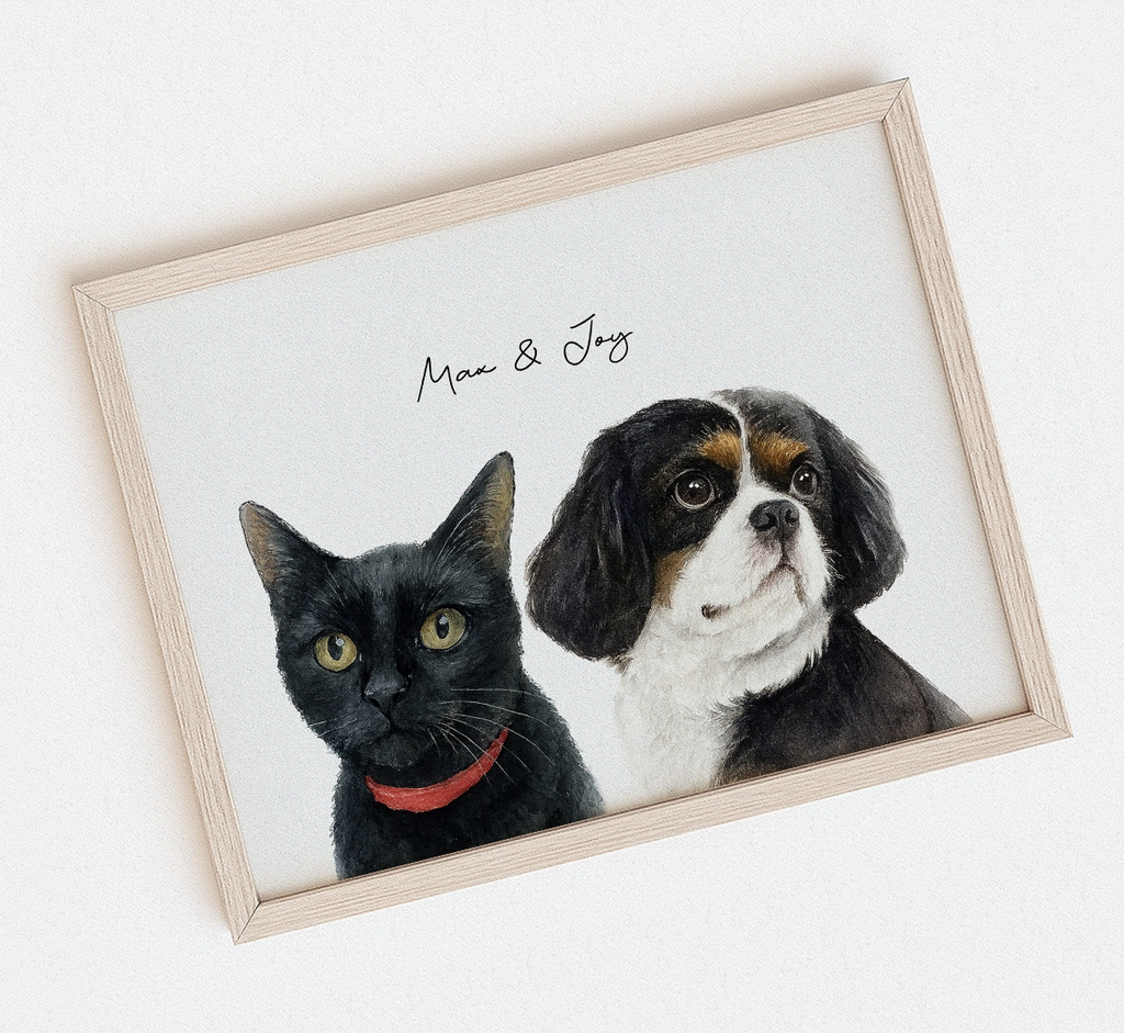Framed watercolor artwork of a black cat and a dog on a white background