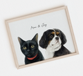 Framed watercolor artwork of a black cat and a dog on a white background