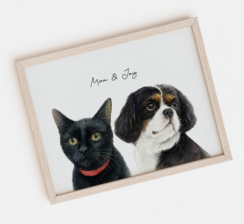 Framed watercolor artwork of a black cat and a dog on a white background