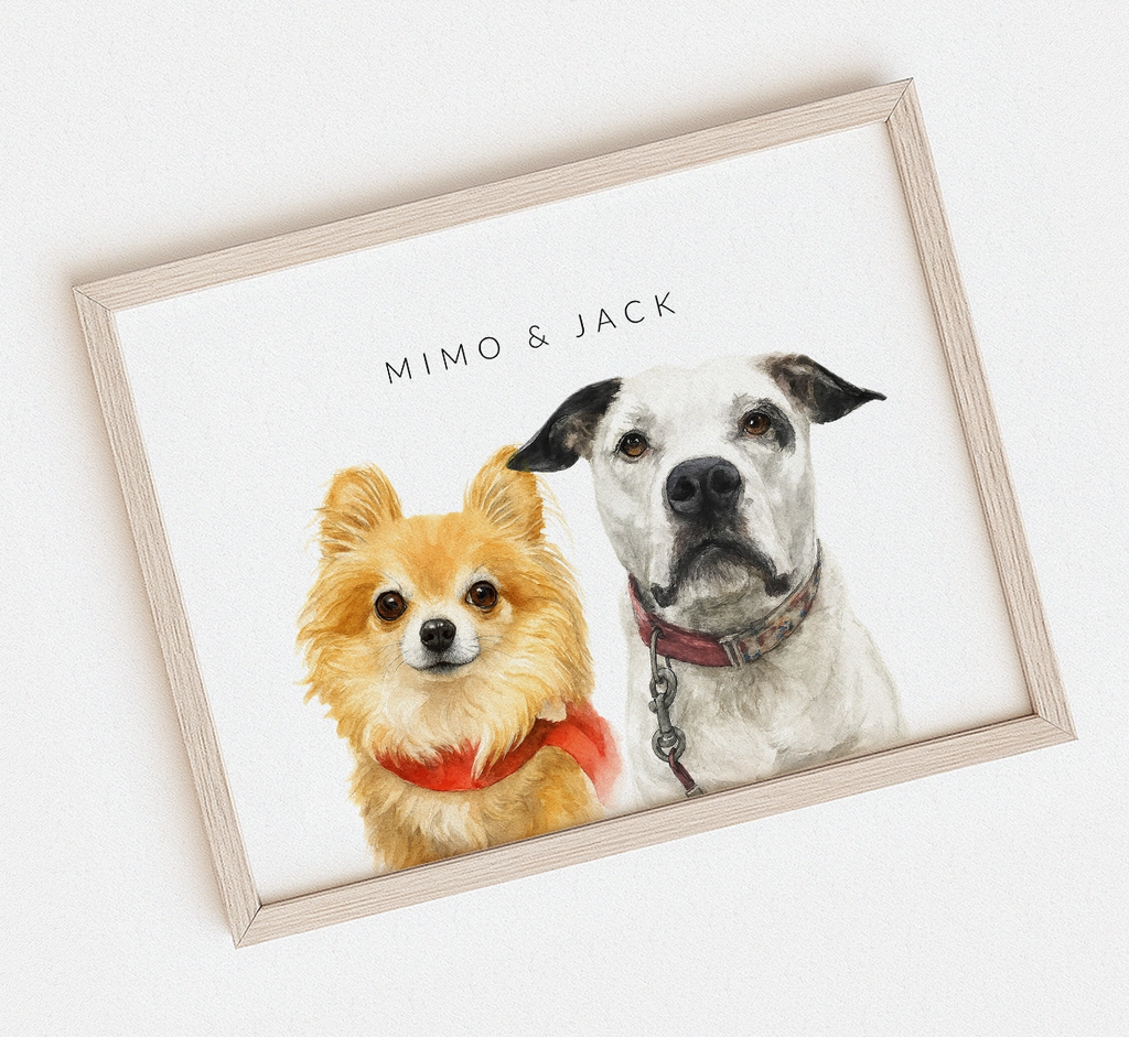 Framed watercolor artwork of two dogs, Mimo and Jack, on a white background.