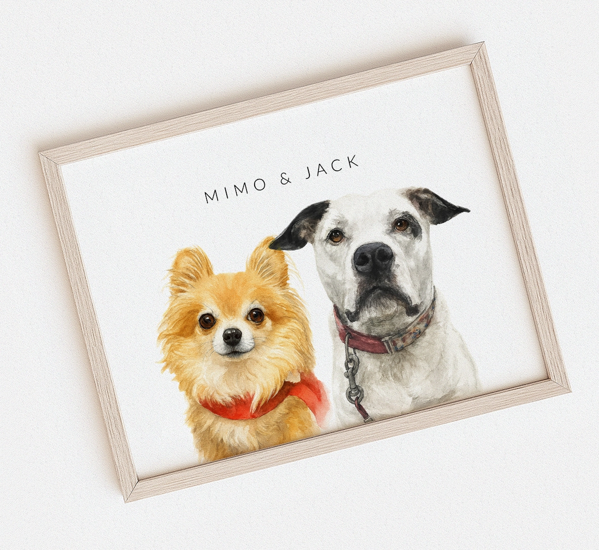 Framed watercolor artwork of two dogs, Mimo and Jack, on a white background.