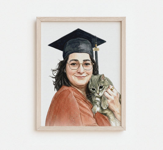 A framed watercolor-style portrait of a person holding their pet, displayed as wall art.

