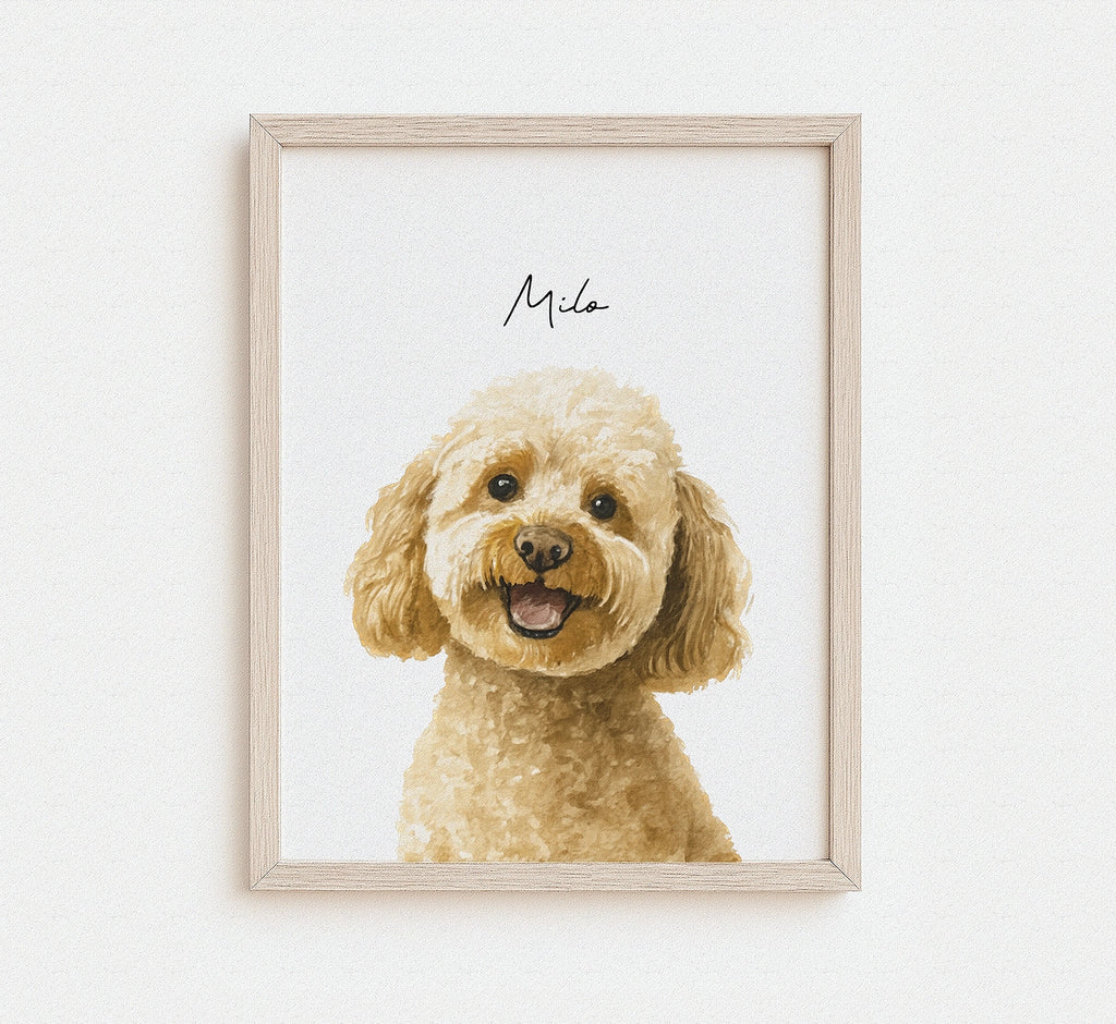 Custom watercolor portrait of a smiling golden cockapoo named Milo in a natural wood frame — personalized dog portrait print from photo