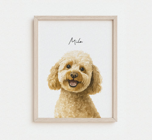 Custom watercolor portrait of a smiling golden cockapoo named Milo in a natural wood frame — personalized dog portrait print from photo