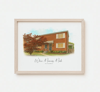 Detailed watercolor painting of a family home

