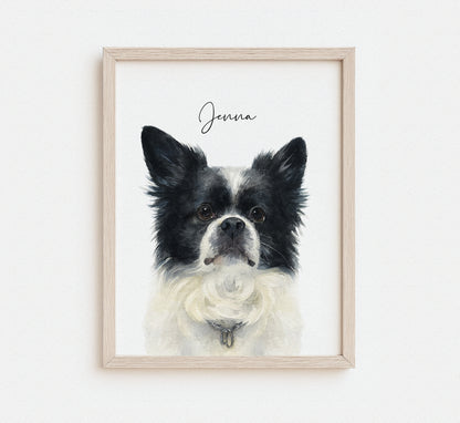 Framed artwork of a black and white dog with 'Jenna' written above on a white background