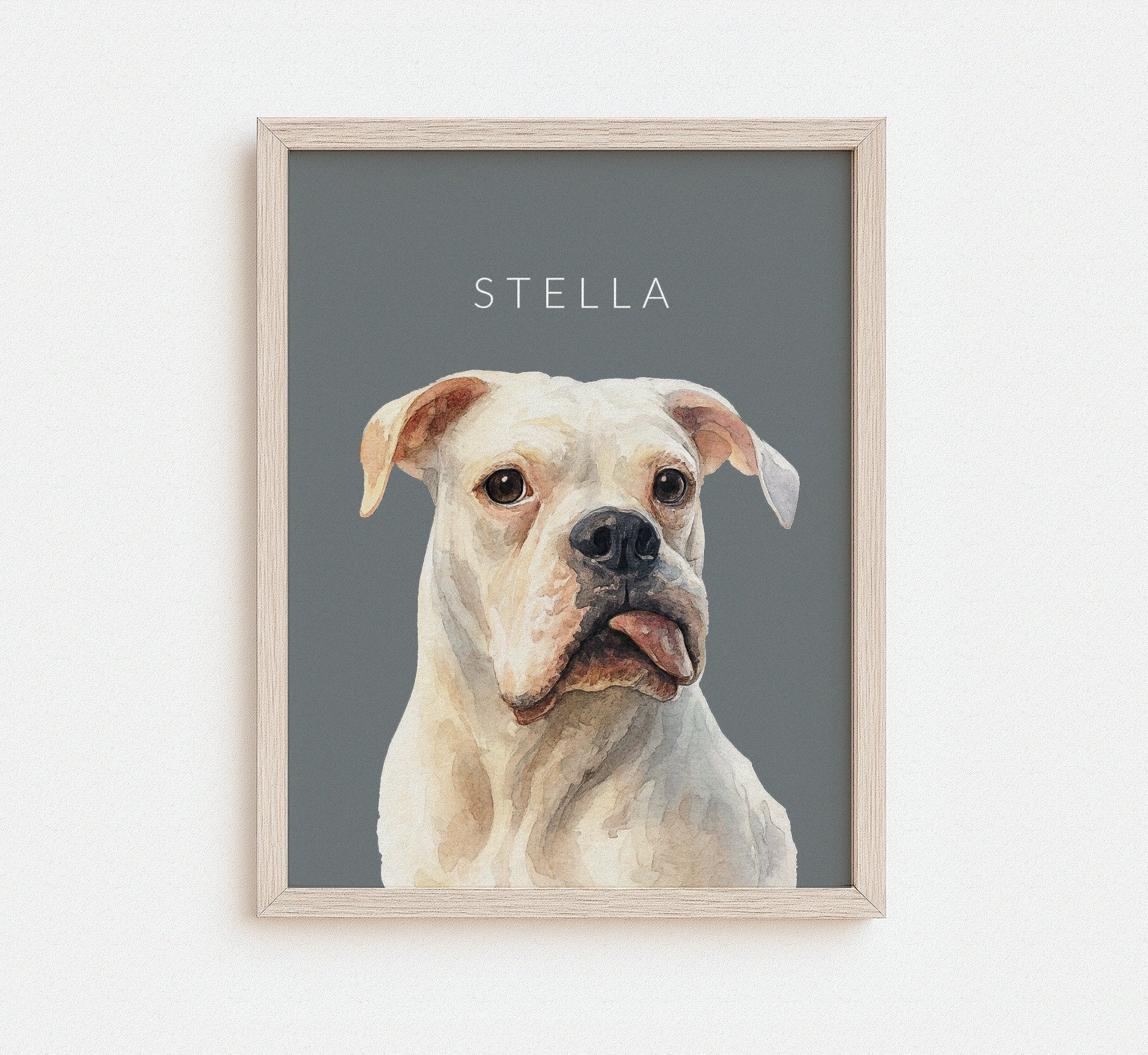 Framed artwork of a dog named Stella on a gray background