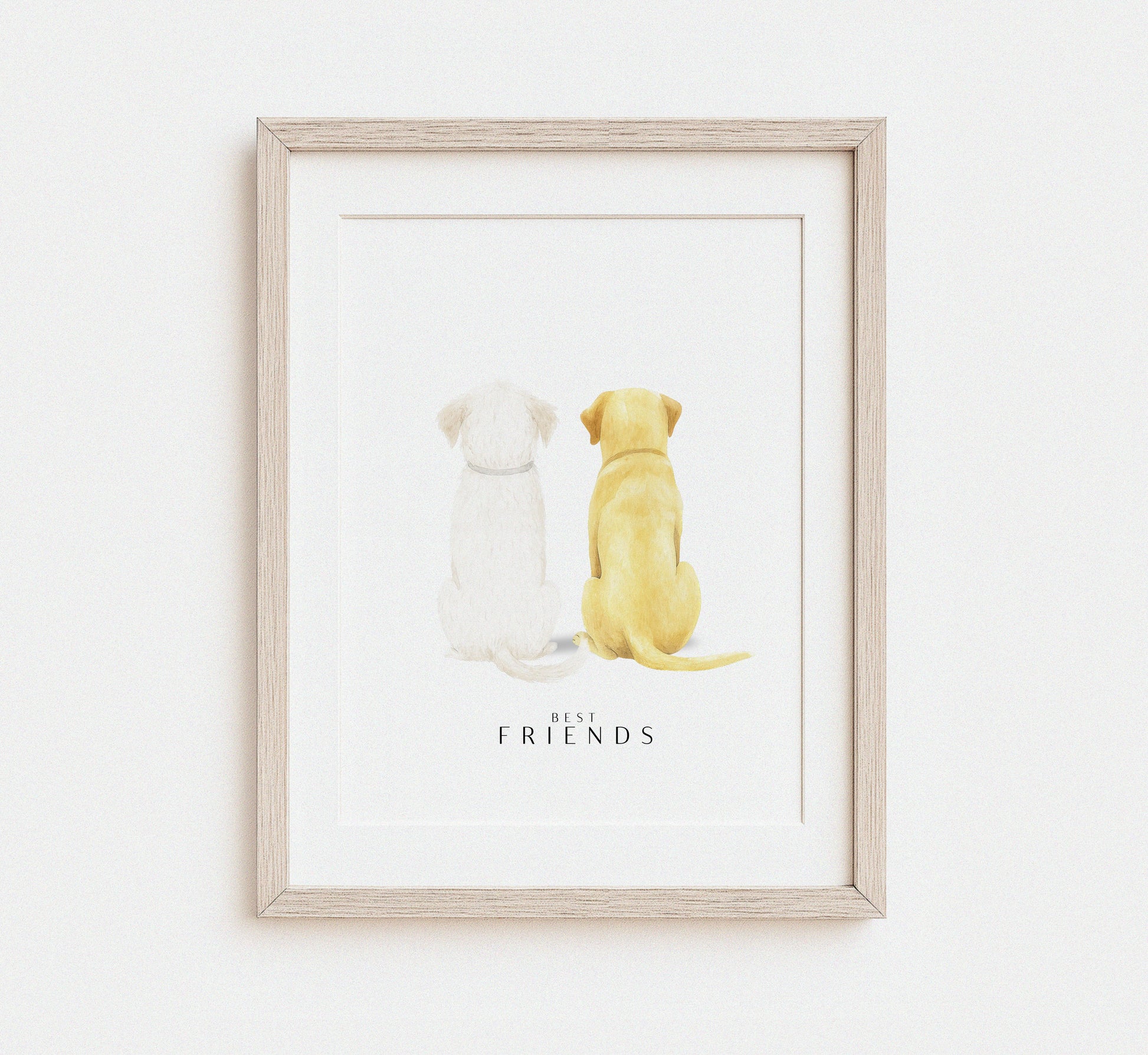 Elegant watercolor illustration of a dog from behind, rendered in soft neutral tones with clean white background. Peaceful and frame-ready