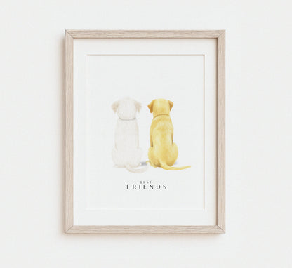 Elegant watercolor illustration of a dog from behind, rendered in soft neutral tones with clean white background. Peaceful and frame-ready